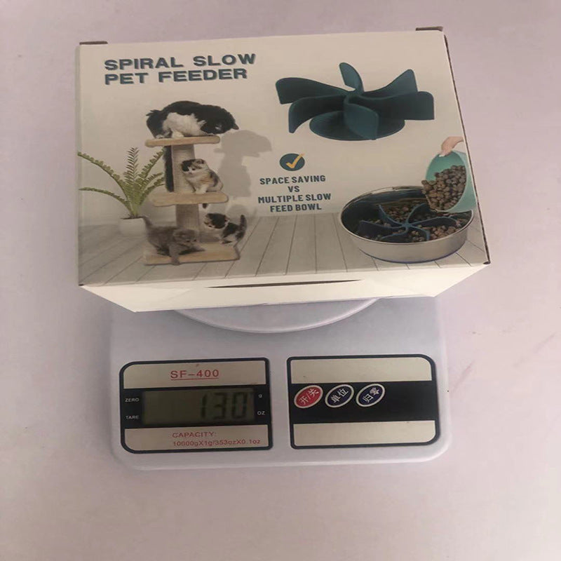 Spiral slow feeder dog bowl in use